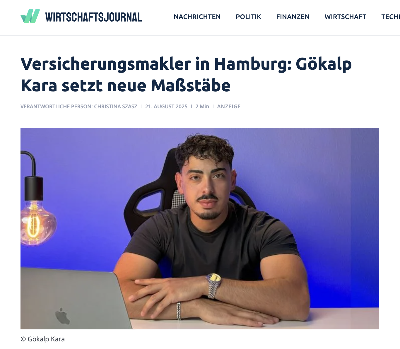 Wirtschaftsjournal-Artikel über Gökalp Kara, Versicherungsmakler in Hamburg