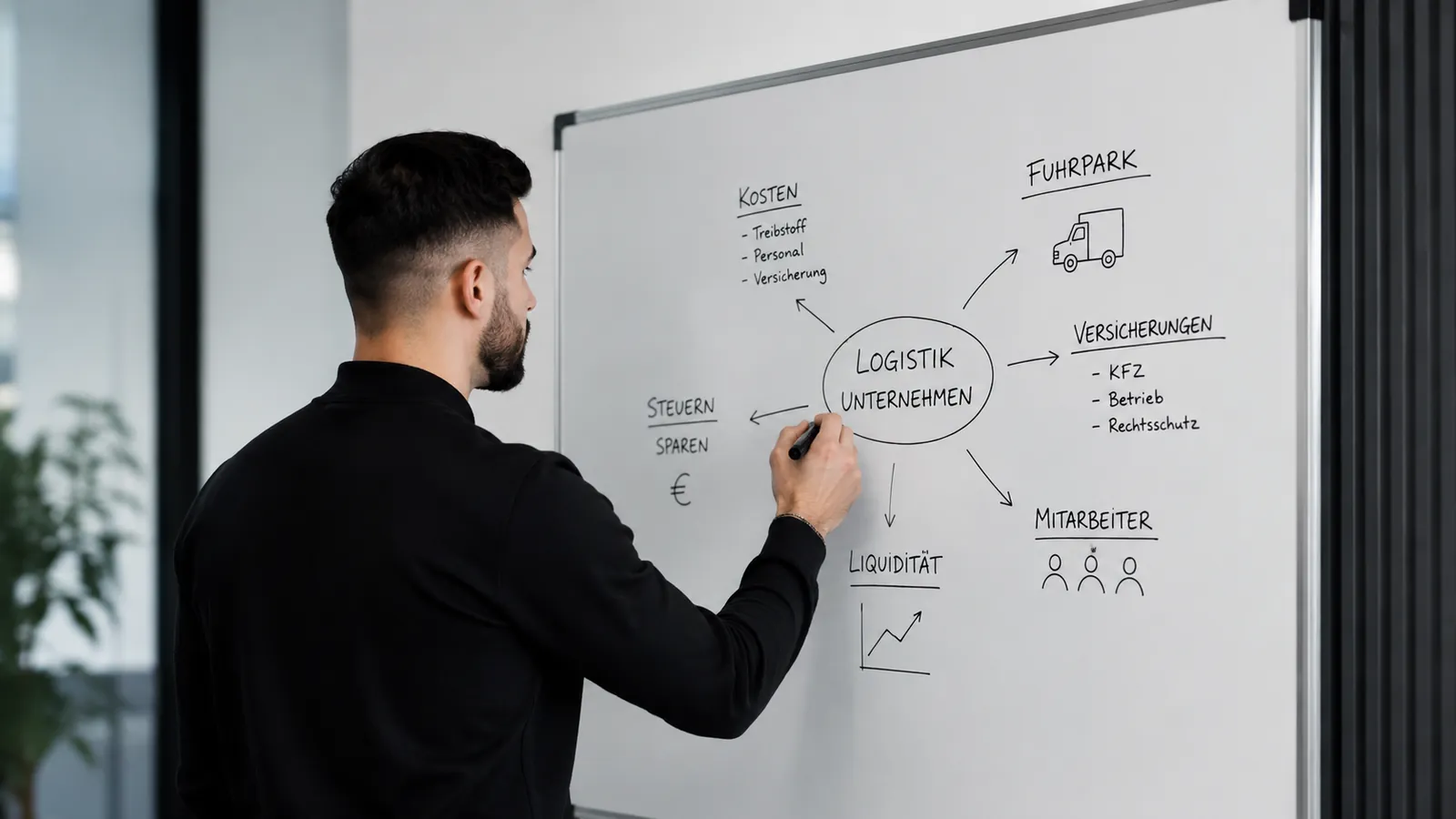Analyse am Whiteboard: alle Bereiche eines Logistik-Unternehmens